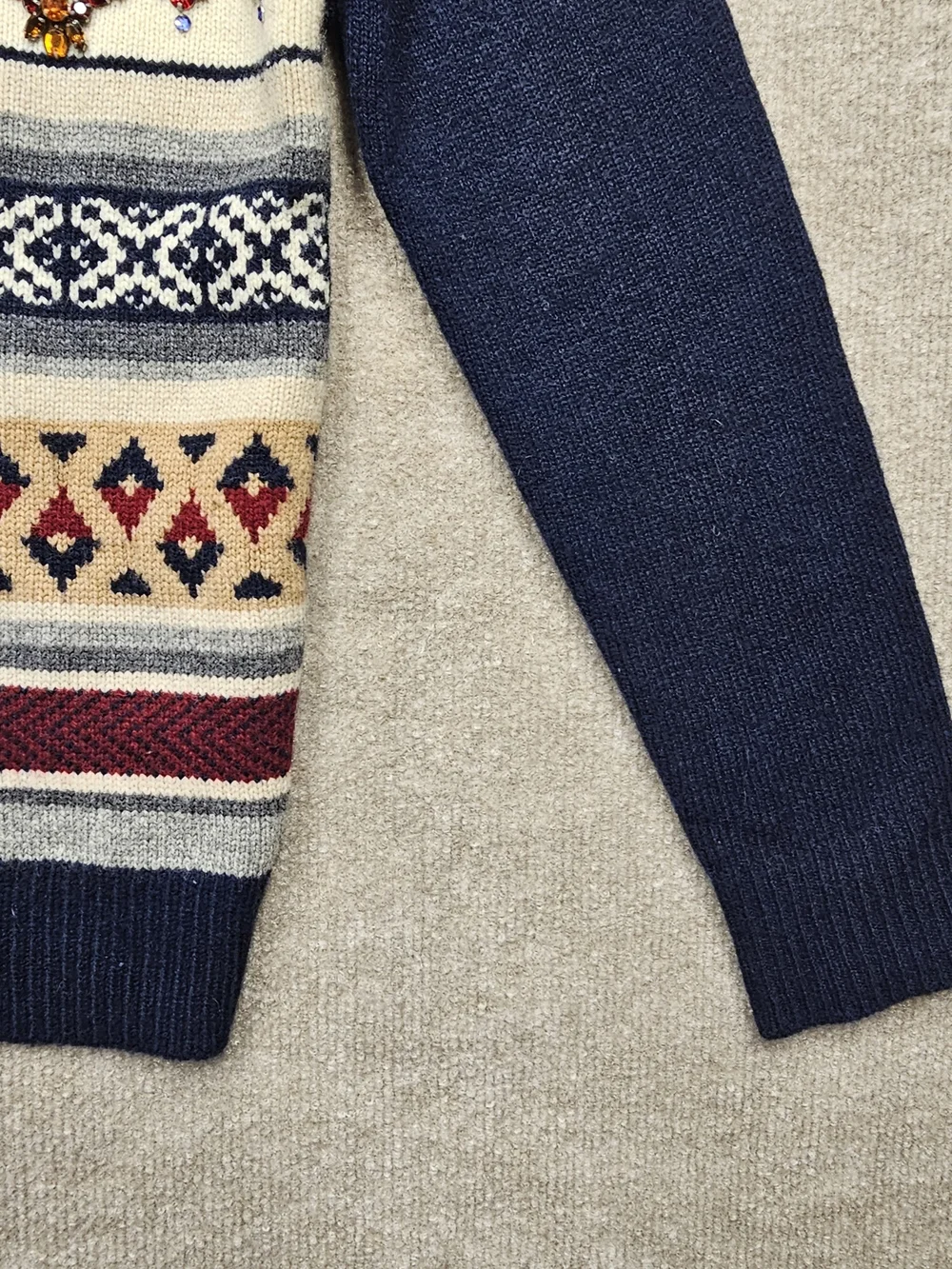 Vintage J.Crew Navy Blue Bejeweled Wool Sweater Size Small Fair Isle